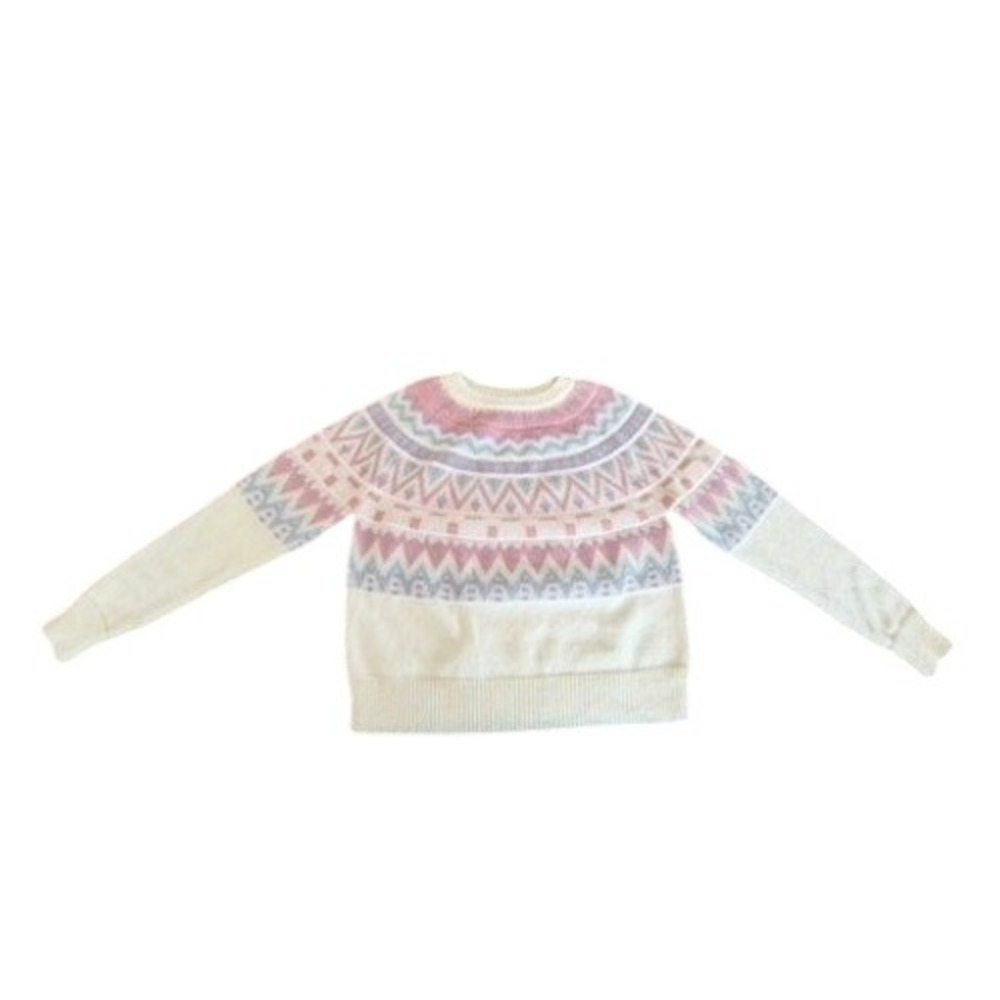 Grace + Karma Women Small Cream Pastel Fair Isle Knit Pullover Sweater Crew Neck